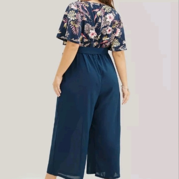 Bloomchic Plus Size Floral Patchwork Wrap Belted Pocket Jumpsuit - Picture 2 of 8